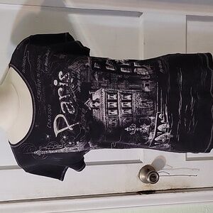 Blue Canyon Y2K Women's L Black White Rhinestone Paris All Over Graphic Tshirt